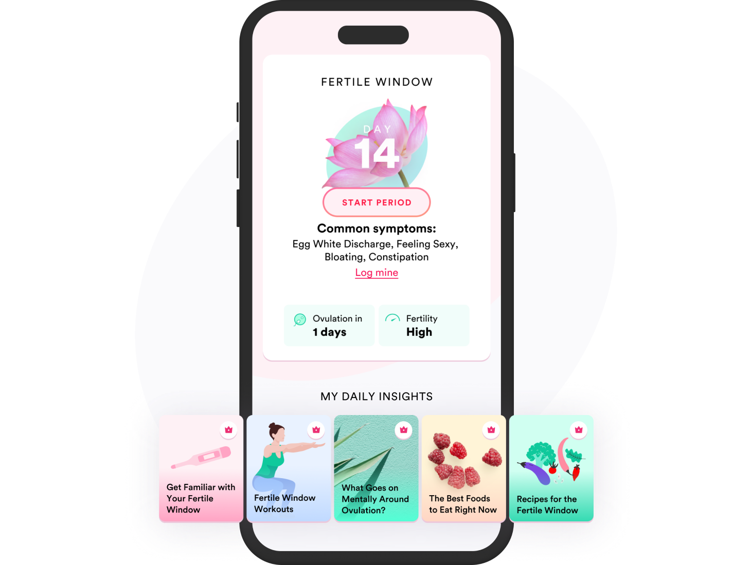IvyHealth app fertile-window screen: Day 14, common symptoms, ovulation in 1 day, fertility high, and daily insight cards